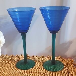 Pair Cobalt Blue Ribbed Wine Glasses Teal Stem